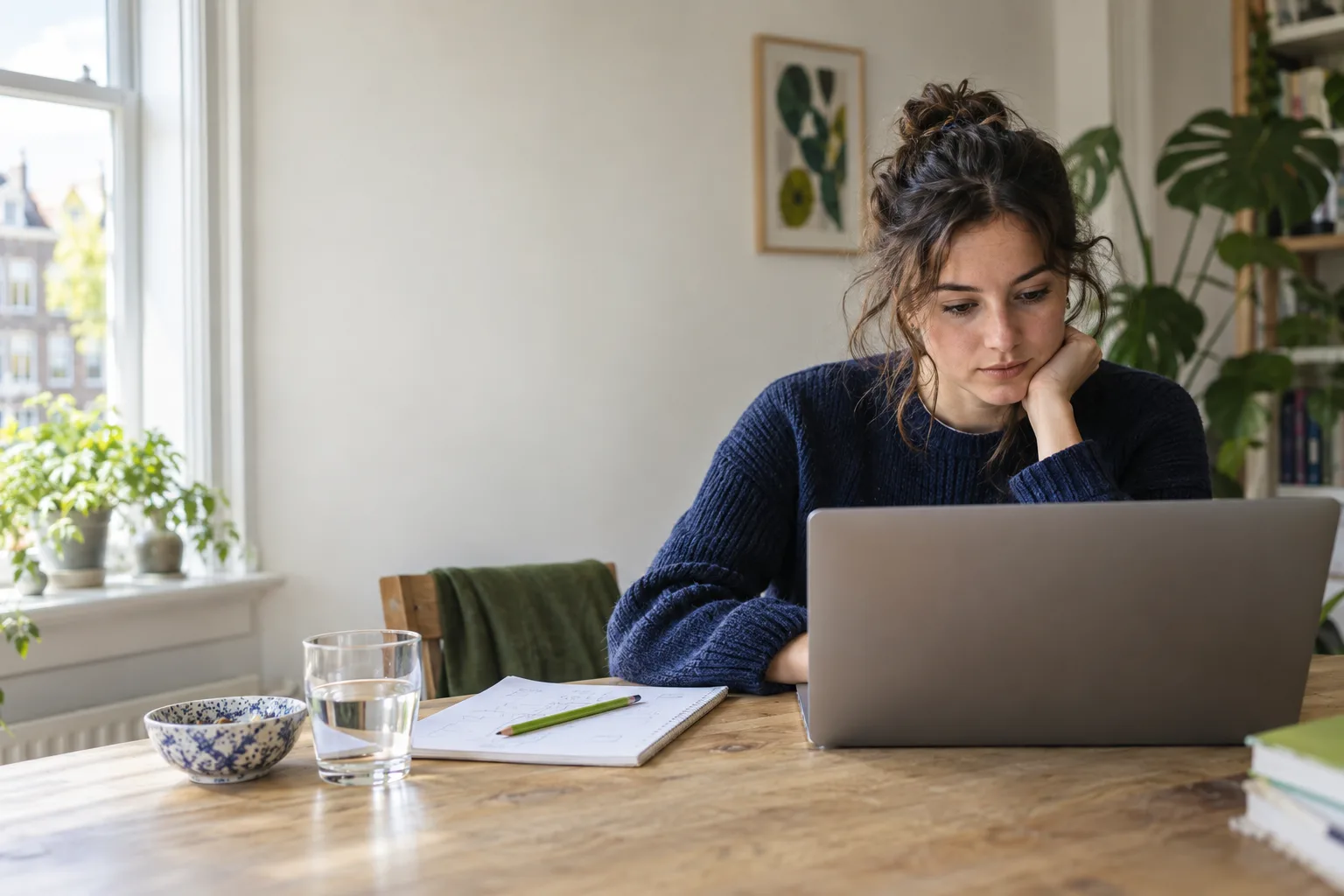 Een jonge vrouw aan een houten tafel maakt geconcentreerd een test op haar laptop, met een kladblok en potlood naast zich