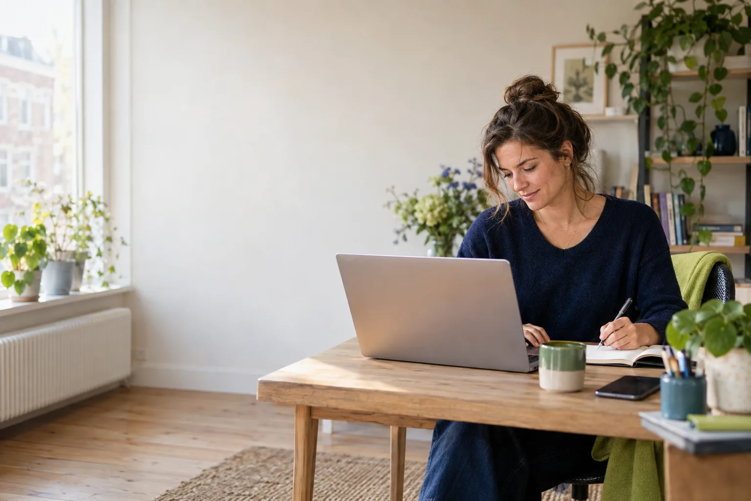 Een vrouw typt aan een tafel thuis een tekst op haar laptop