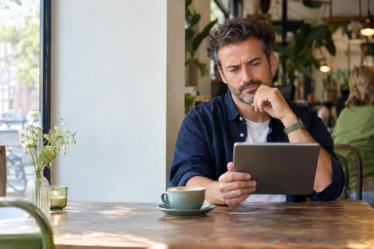 Een man aan een tafel in een lichte ruimte kijkt kritisch naar een tablet, met een kop koffie naast zich