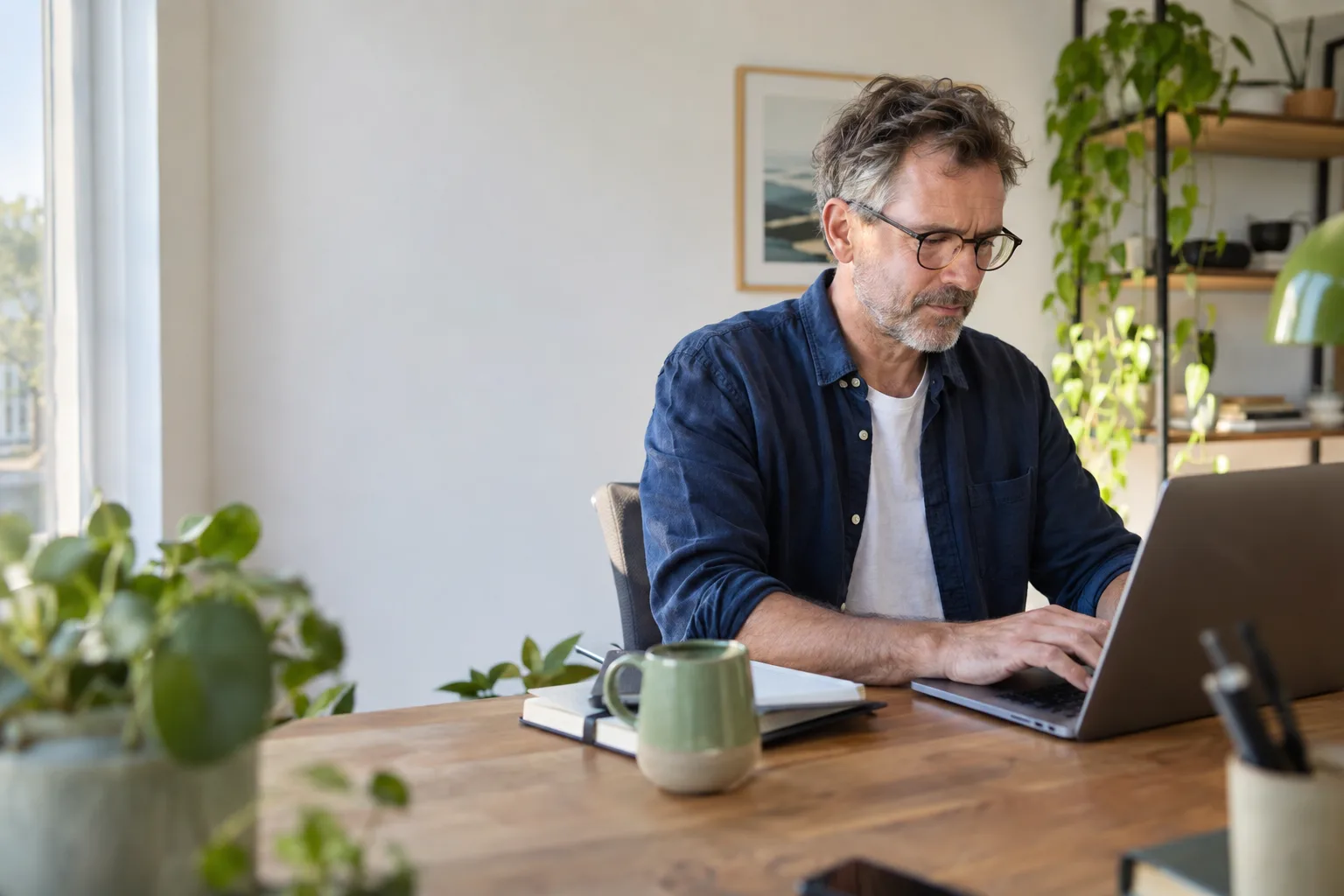 Een man van in de vijftig typt geconcentreerd een mail op een laptop aan zijn bureau thuis