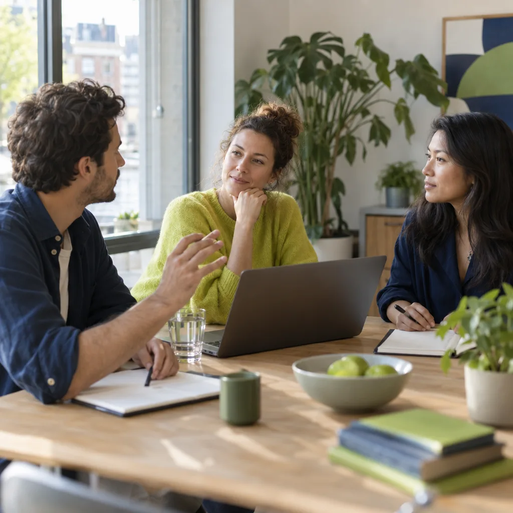 Drie collega's aan een tafel praten met elkaar; een man legt iets uit en de twee vrouwen luisteren