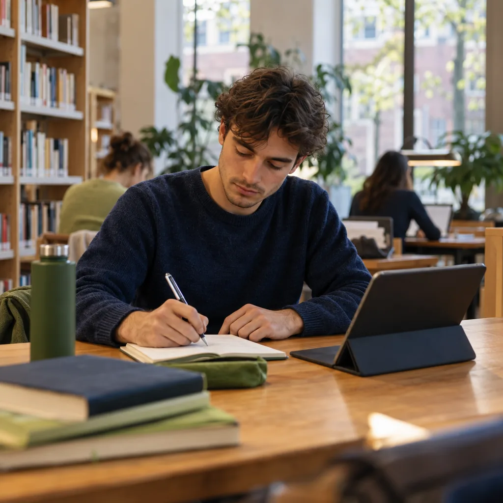 Een jonge man in een bibliotheek schrijft in een schrift, met een tablet en een stapel boeken naast zich