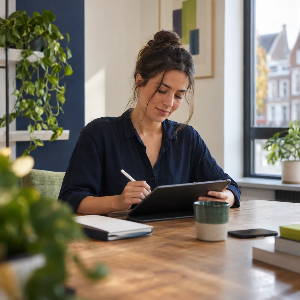 Een vrouw in een donkerblauwe blouse tikt aan een houten tafel met een pen op haar tablet, met een groene mok naast zich