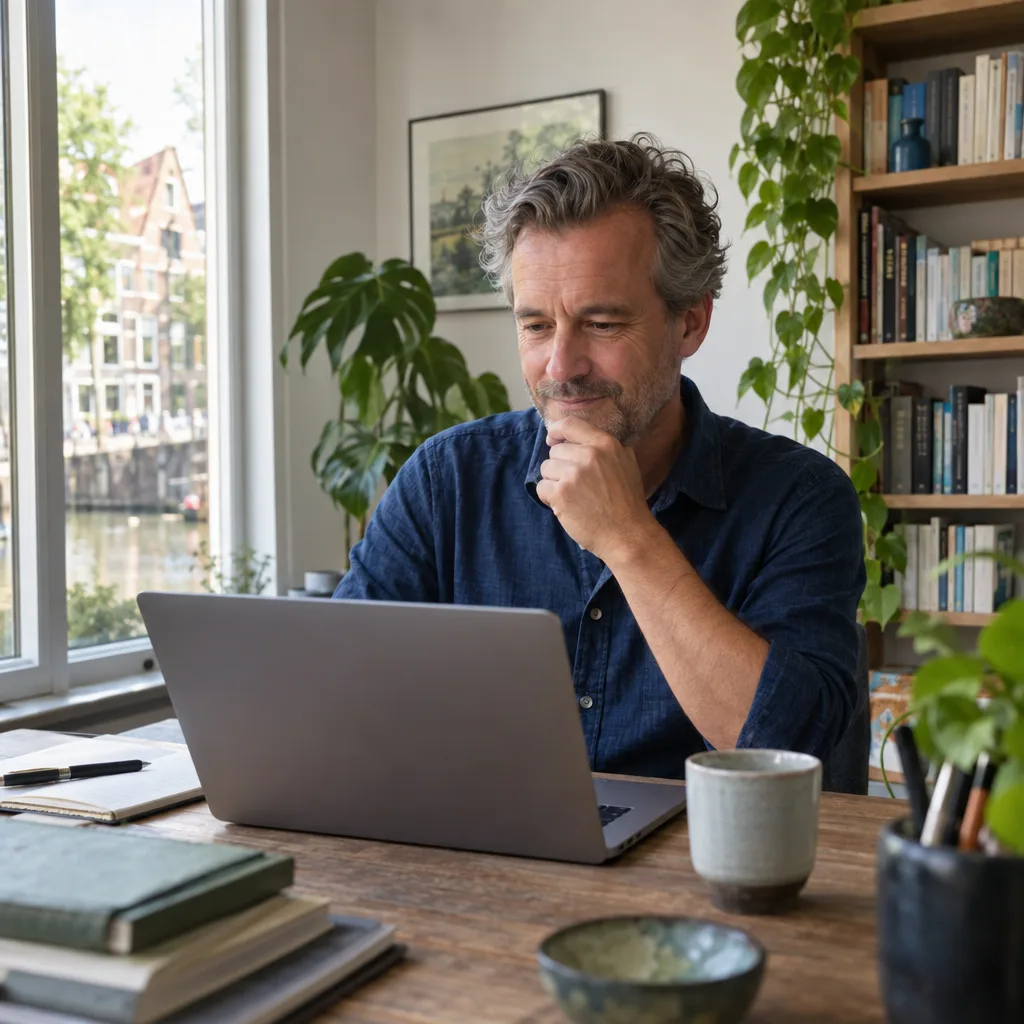 Een man aan een bureau met zijn hand aan zijn kin kijkt nadenkend naar zijn laptop