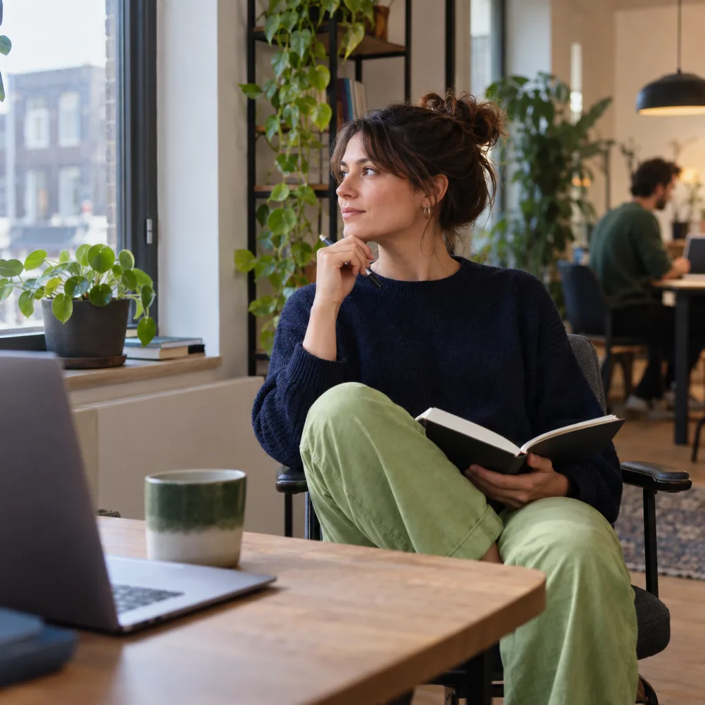 Een vrouw zit met een opengeslagen boek op schoot in een kantoor en kijkt nadenkend opzij