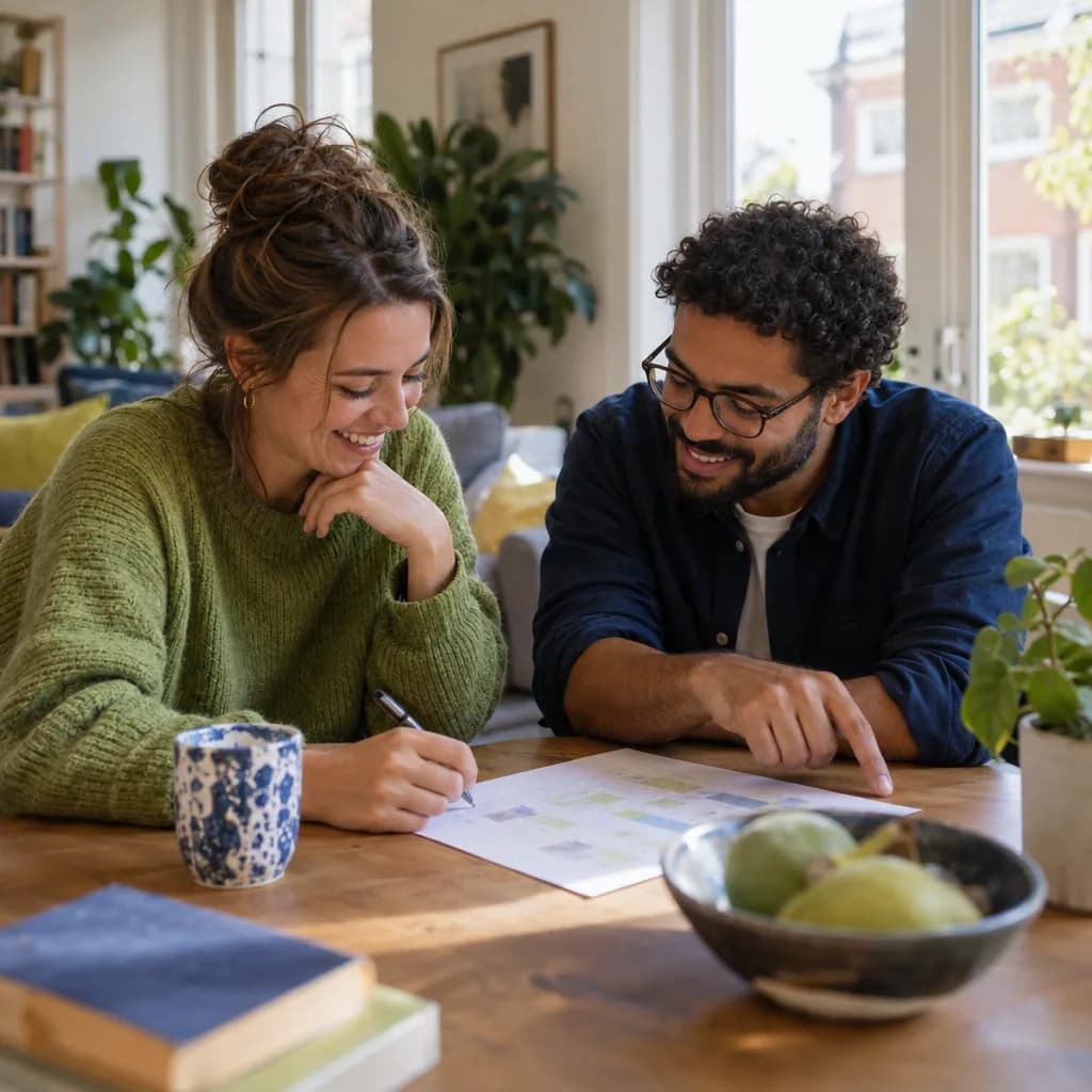 Twee mensen buigen zich lachend over een vel met een puzzelraster op een houten tafel