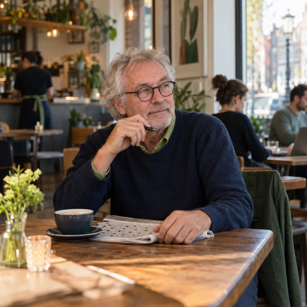 Een oudere man met een bril zit in een café met een puzzelblad voor zich en denkt na, een pen in zijn hand