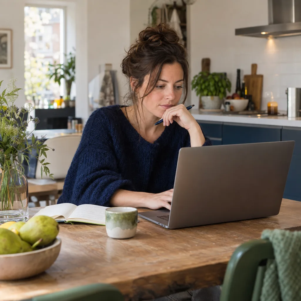 Een vrouw aan de keukentafel kijkt nadenkend naar haar laptop, met een pen in haar hand en een open schrift ernaast