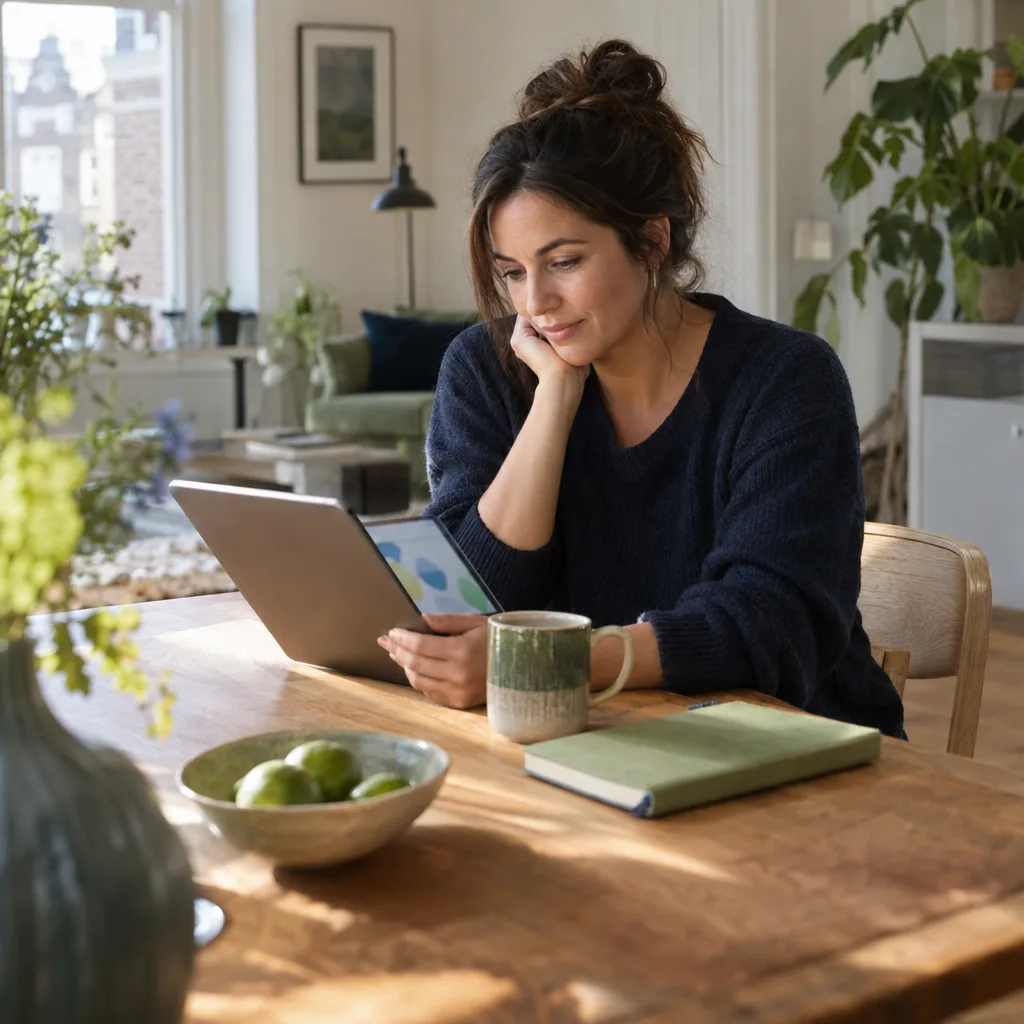 Een vrouw bekijkt aan tafel iets op een tablet, met een kop koffie naast zich