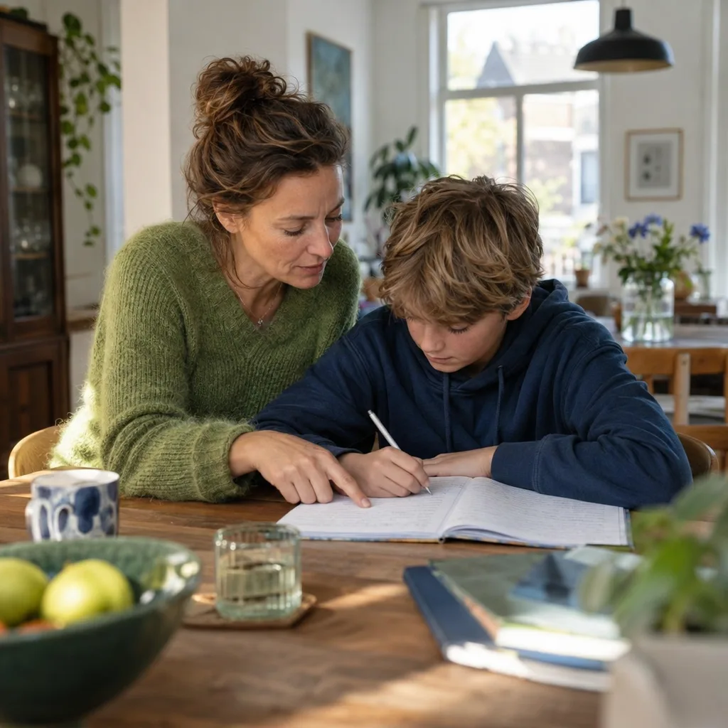 Een moeder wijst haar zoon aan de eettafel iets aan in zijn schrift terwijl hij schrijft