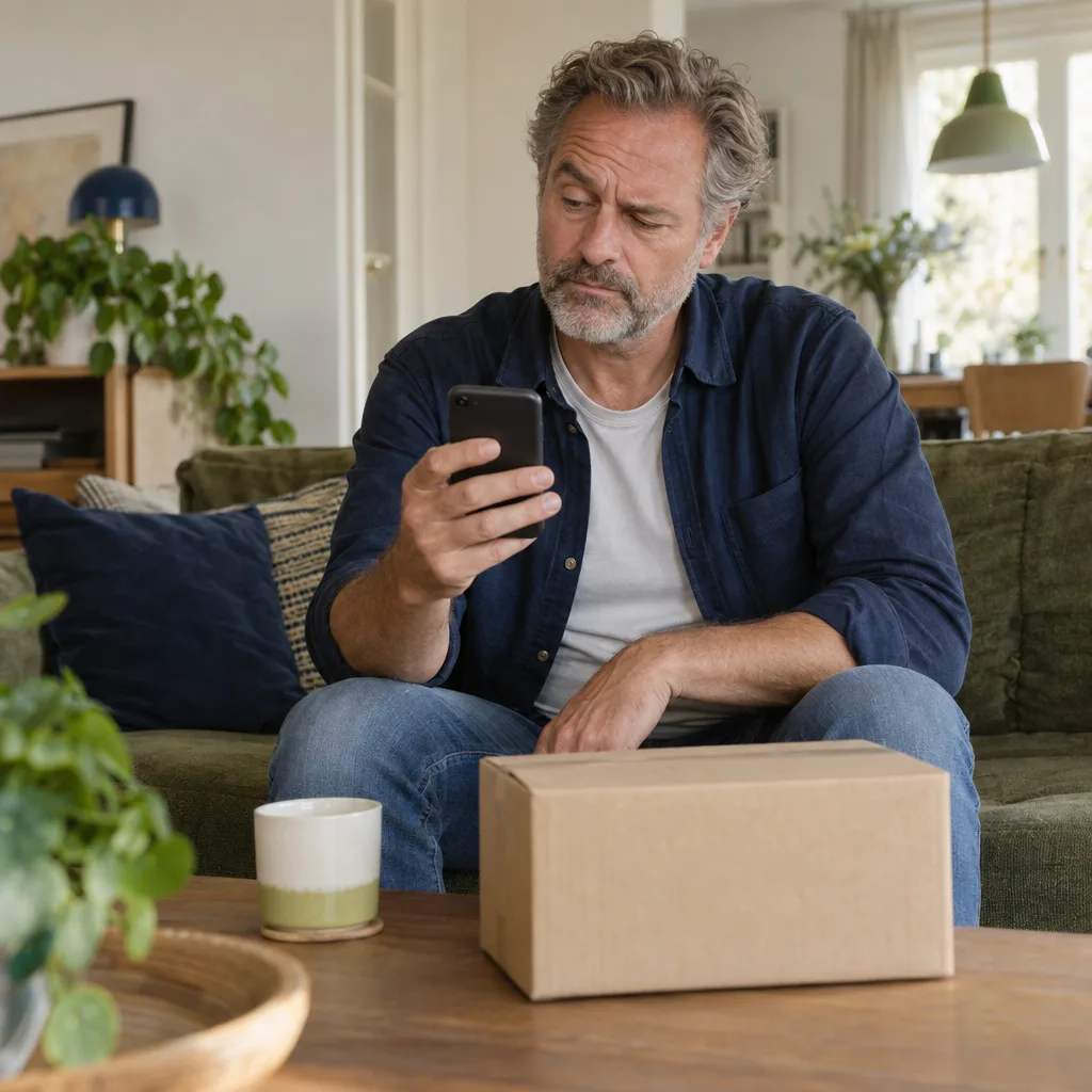 Een man op de bank kijkt fronsend naar zijn telefoon, met een dichte pakketdoos voor zich op tafel