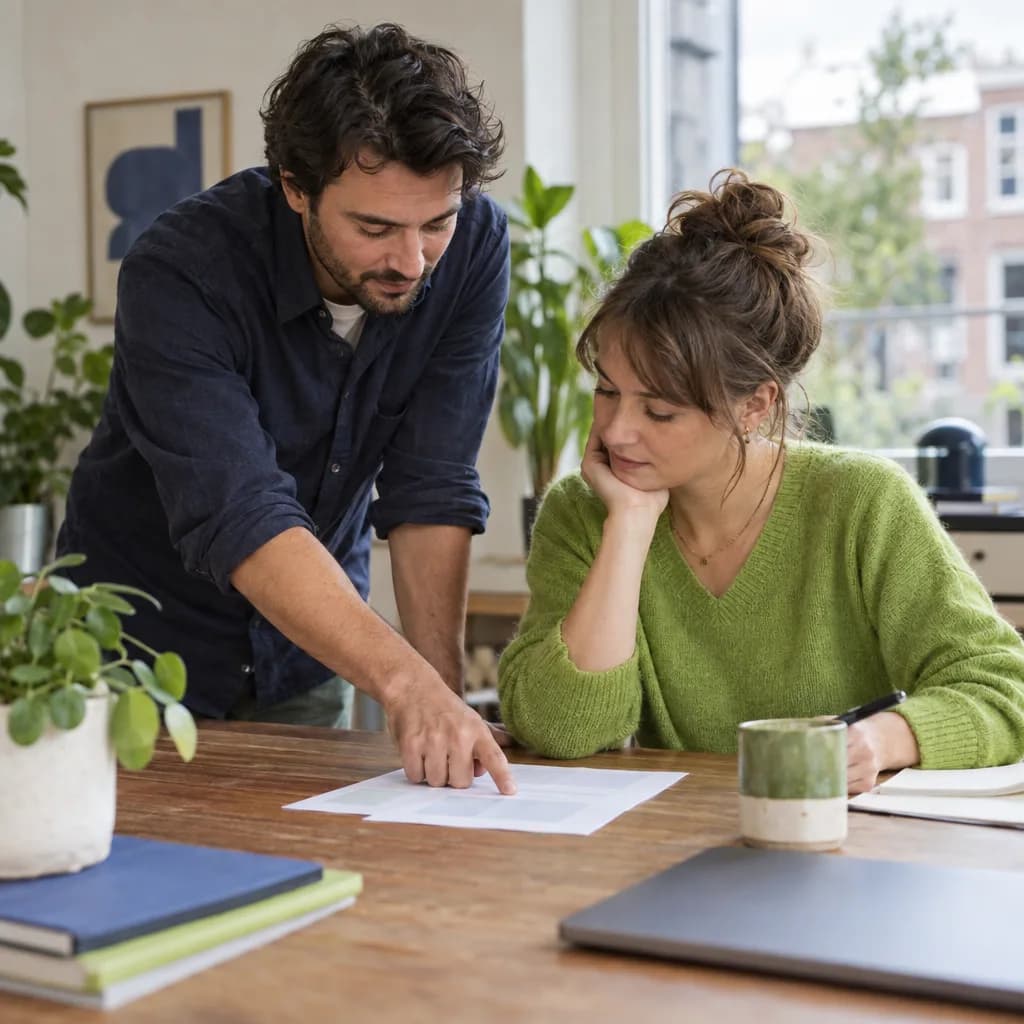 Twee collega's lezen samen een geprint document; een van hen wijst een regel aan