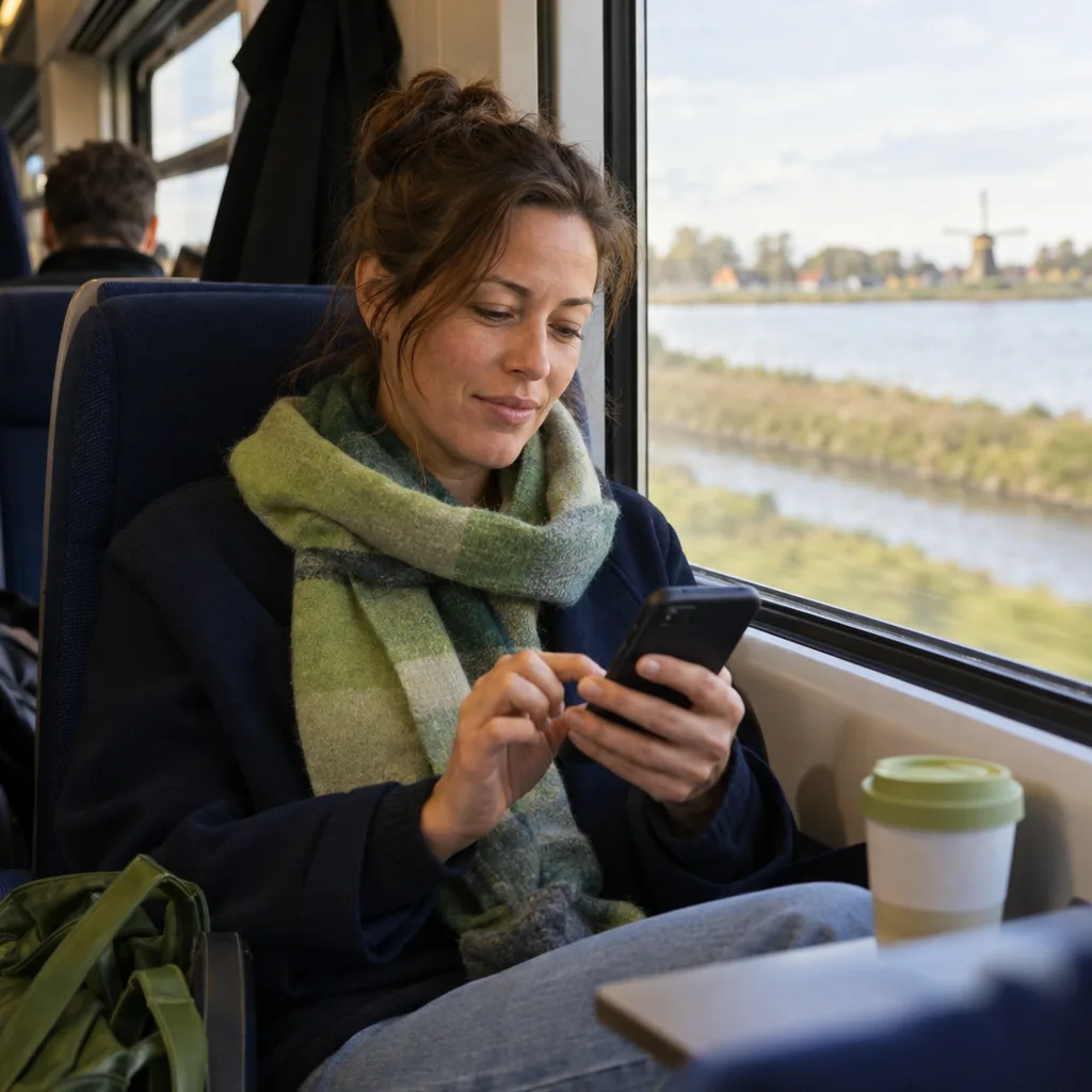 Een vrouw van in de veertig schrijft rustig een bericht op haar telefoon in de trein