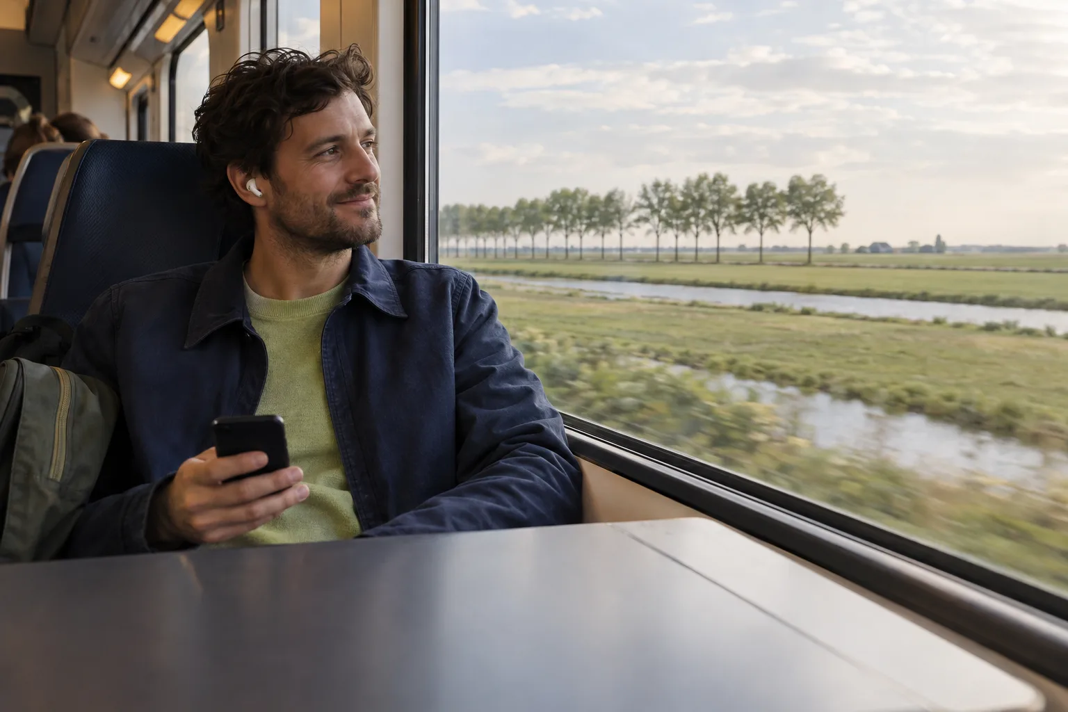 Een man in de trein kijkt glimlachend op van zijn telefoon, met het polderlandschap buiten het raam
