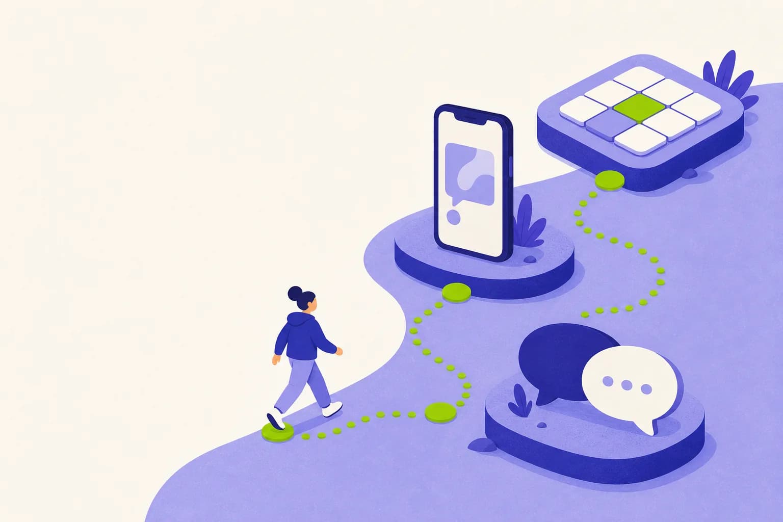 Iemand loopt over een pad met stapstenen langs een telefoon, een raster van vakjes en twee tekstballonnen