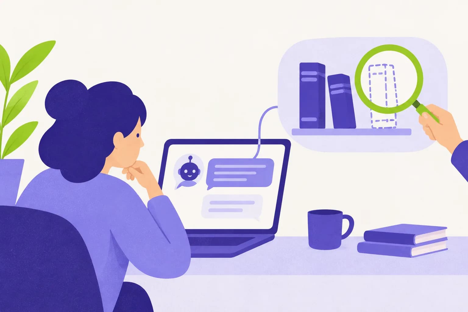 Een getekende vrouw aan een laptop met een chatvenster; een lijn loopt naar een plank met twee boeken en de gestippelde omtrek van een derde, waar een hand een groen vergrootglas boven houdt