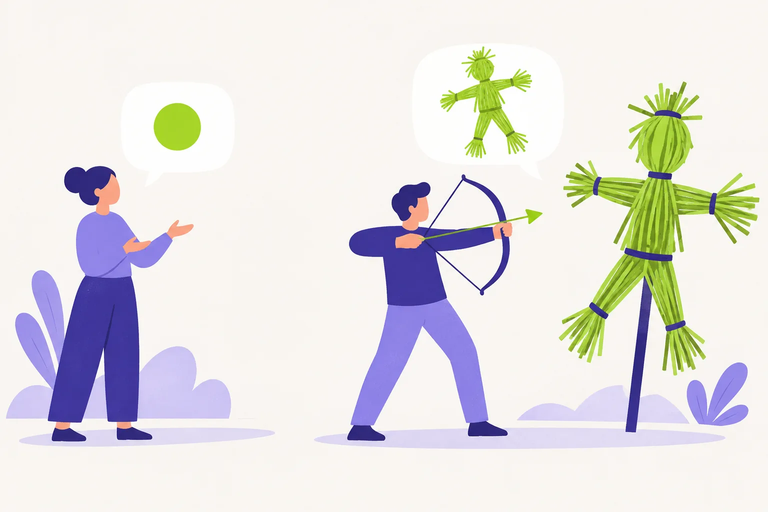 Twee getekende mensen met tekstballonnen; de een noemt een klein groen rondje, de ander richt een pijl en boog op een grote stropop die hij ernaast heeft gezet