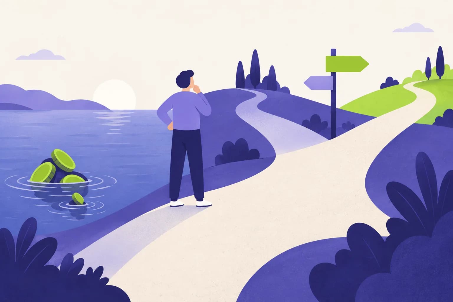 Een getekende man staat op een splitsing van twee paden bij het water; achter hem zakken een paar munten weg, voor hem staat een groen wegwijzerbord