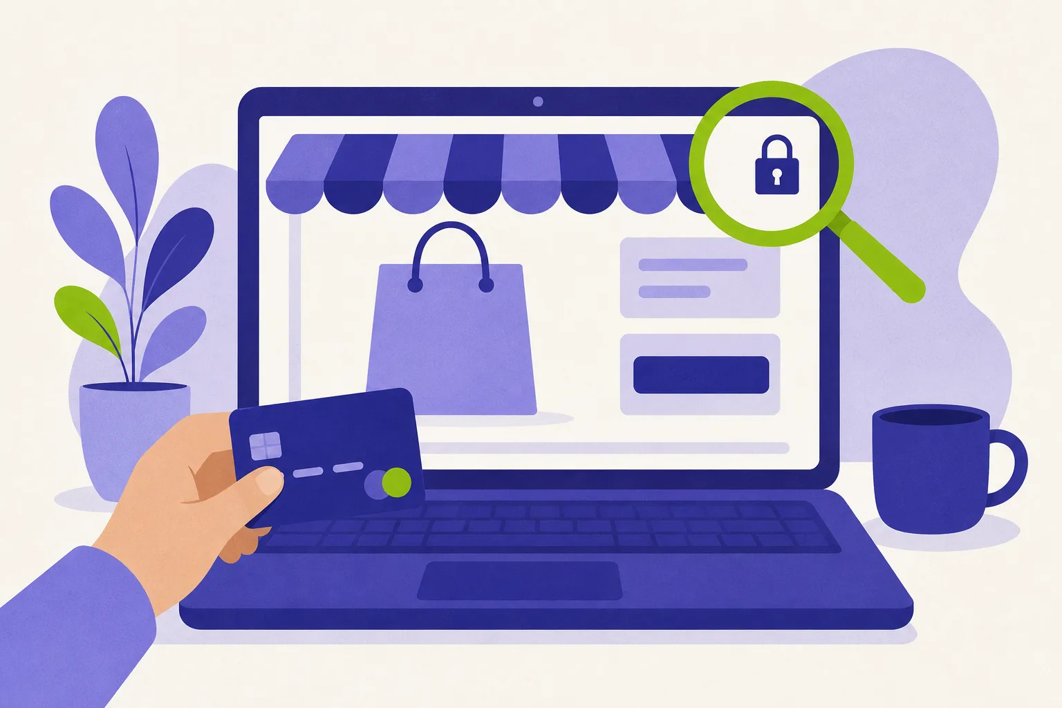 Een laptop met een webwinkel op het scherm, een hand met een bankpas ervoor en een vergrootglas over een hangslotje