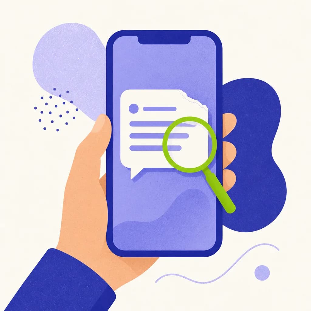 Een hand houdt een telefoon vast met een berichtje erop, met een vergrootglas over de tekst