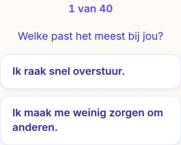 Een vraag uit de persoonlijkheidstest: twee uitspraken waarvan je kiest welke het meest bij je past